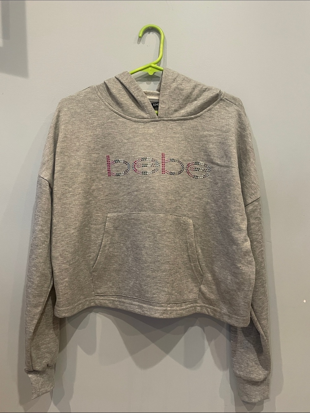 bebe Light Gray Rhinestone Logo Cropped Hoodie large like new